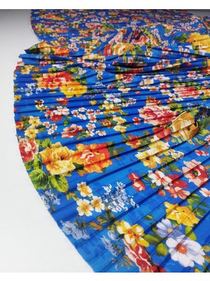 Kumaş Parça Mavi Üzeri Çiçek Desenli Pliseli Penye (En 140 cm x Boy 250 Cm)