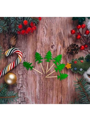 6 Adet Yeşil Kürdan Yılbaşı Çam Ağacı Simli Sunum Kürdanı