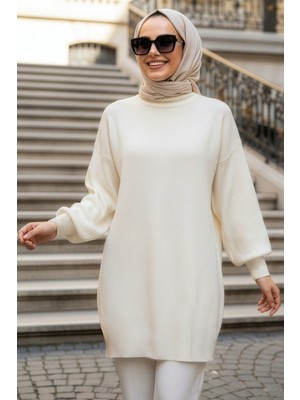 Neva Style Boğazlı Krem Tesettür Triko Kazak 10381KR