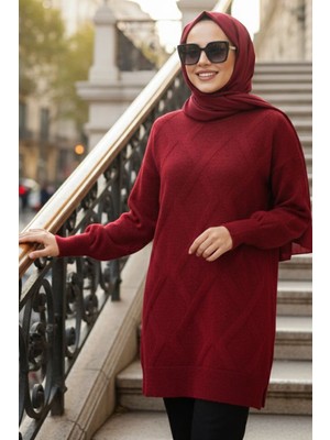 Neva Style Baklava Desenli Bordo Tesettür Triko Kazak 6008BR