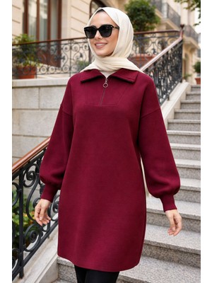 Neva Style Yakası Fermuarlı Koyu Bordo Tesettür Triko Kazak 10912KBR