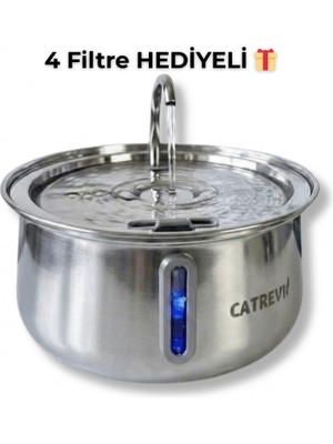 Catrevi 4 L Paslanmaz Çelik Su Pınarı Kedi Köpek Premium Su Çeşmesi Ultra Sessiz Su Sebili 4 Filtre Hediye