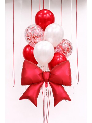 Patladı Gitti Kırmızı Fiyonk Folyo Balon Seti – Kırmızı & Beyaz Konfetili Balonlu