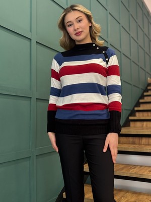 Stamina Kadın, Düğme Detaylı, Renk Bloklu, Yarım Balıkçı Yaka Kazak