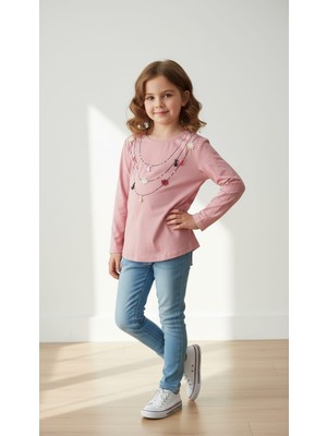 love Çiçek Detaylı Yuvarlak Yaka Penye Bluz