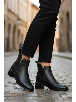 Ayakmod Premium 9780-1 Z Siyah Hakiki Deri Kadın Topuklu Klasik Bot