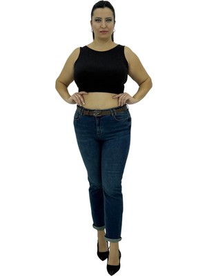Carmito Büyük Beden Denim Toparlayıcı Kemerli Yüksek Bel Boru Paça Kadın Pantolon