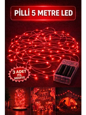 Allians 5 Metre Kırmızı Peri LED Işık, Pilli, Yanıp Sönen, Doğum Günü Süslemesi