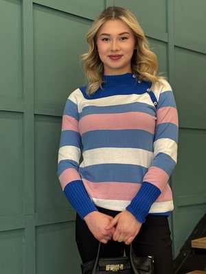 Stamina Kadın, Düğme Detaylı, Renk Bloklu, Yarım Balıkçı Yaka Kazak