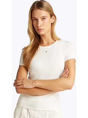 Tommy Hilfiger Kadın Ekru - Siyah Kısa Kollu Tshirt