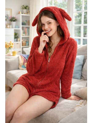 Nisanca Kapüşonlu Kulaklı Peluş Şort Tulum – Yumuşak, Sıcak ve Konforlu Ev Giyimi- Fermuarlı