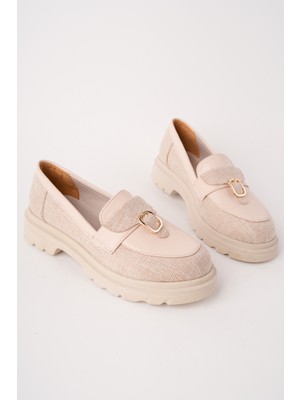MARSHETTA Nerina Model Deri ve Toka Detaylı Bej Keten Kadın Loafer Günlük Ayakkabı