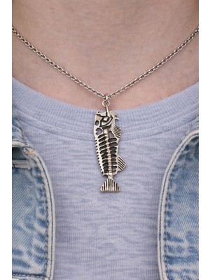 Herşey Nota Fishbone Spirit – Balık Kılçığı Figürlü Gümüş Renk Unisex Uzun Kolye (60 Cm)