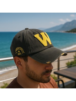 Perlotus W Nakışlı Antrasit Sarı Unisex Şapka Yırtık Detaylı Ayarlanabilir Kep