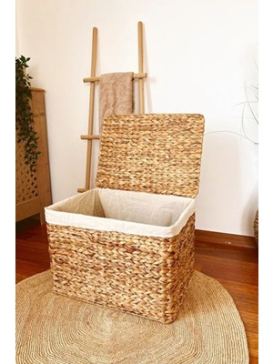 PremiumPort Hasır Su Sümbülü Kapaklı Sandık 46X33X30CM Çok Amaçlı Organizer