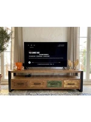 Deryawood Almond Doğal Ahşap Renkli Çekmeceli Tv Ünitesi -120 x 45 x 55  cm -Açık Ceviz Renk