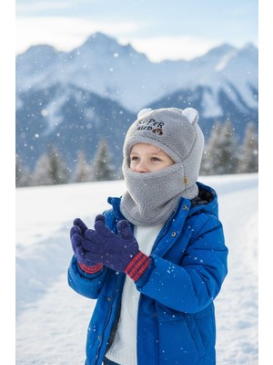 Eleven Markets Peluş Çocuk Sevimli Ayıcık Kar Maskesi Sürper Hero 3-9 Yaş Çocuk Bere Gri