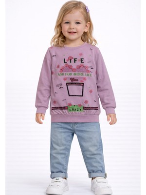 love Selanik Kumaş Baskı Detaylı Yuvarlak Yak Sweat