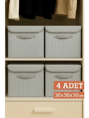 PremiumPort 4’lü Gri Çizgili Kapaklı Katlanabilir Dolap Içi Saklama Kutusu 30X30X30 cm