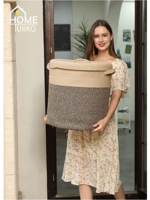 PremiumPort Doğal Jüt Kapaklı Çamaşır ve Düzenleme Sepeti, Kulplu Organizatör