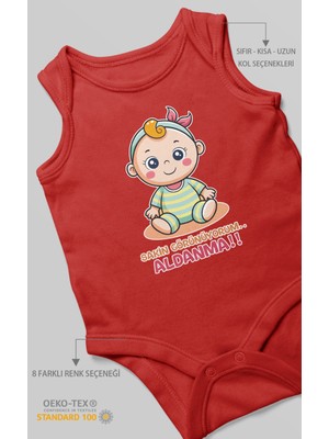 Morivo Kids Sakin Görünüyorum Aldanma! V2 Baskılı Bebek Zıbını – Çıtçıtlı Body | %100 Pamuk Sıfır Kol