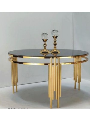Çelsan Yuvarlak Sütun Model Metal Ayaklı Orta Sehpa – Gold Renk – Siyah Cam Üst Tabla – 80 cm Çap – Yerli Üretim
