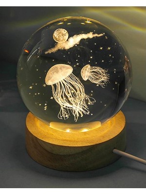Shopwave Dekoratif Deniz Anası Tasarımlı Ahşap Altlıklı Işıklı Cam Küre Büyük Boy Cam:8cm Ahşap:2cm