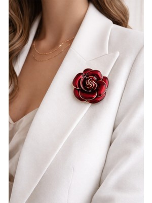 Modex Kırmızı Mineli Zarif Gül Broş (3cm)