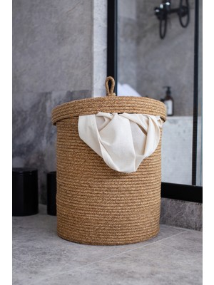 PremiumPort Doğal Jüt Kapaklı Hasır Çamaşır Sepeti, 35X40 Cm, Çok Amaçlı Organizer
