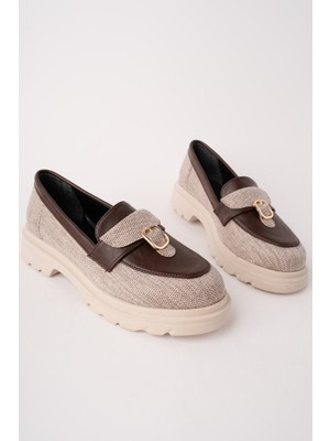 MARSHETTA Nerina Model Deri ve Toka Detaylı Kahverengi Keten Kadın Loafer Günlük Ayakkabı