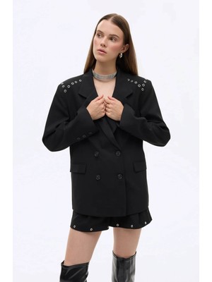 Quzu Kuş Gözü Detaylı Siyah Kadın Blazer Ceket CKT01019