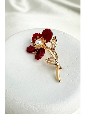 Modex Taş ve Inci Detay Zarif Çiçek Broş (6cm)