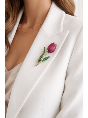 Modex Yeşil Yaprak Detay Pembe Lale Broş (4cm)