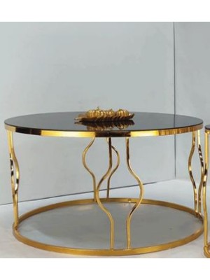 Çelsan Yumurta Model Orta Sehpa – Gold Kıvrımlı Metal Ayaklı – Siyah Cam Üst Tabla – 80 cm Çap – Yerli Üretim