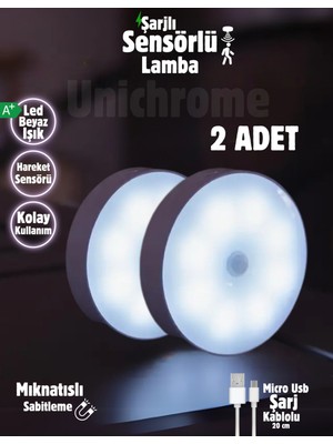 Allians 2'li Hareket Sensörlü 8 LED USB Şarjlı Beyaz Işık, On/auto/off Modlu