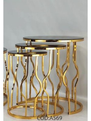 Çelsan Yumurta Model 3’lü Zigon Sehpa Seti – Gold Kıvrımlı Metal Ayaklı – Siyah Cam Yan Sehpa – Yerli Üretim