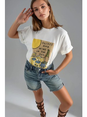 Hiccup Kadın Baskılı Oversize Tişört Beyaz