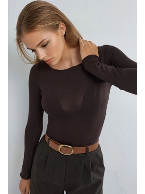 Hiccup Kadın Kayık Yaka Kaşmir Karışımlı Ultra Hafif Bluz Kahve Kahvesi