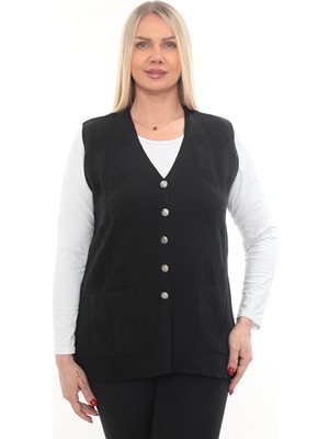 İKSUN Kadın Triko Cepli Kışlık Kalın Yaprak Desenli Anne Yelek