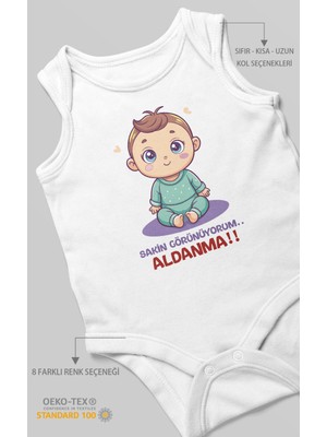 Morivo Kids Sakin Görünüyorum Aldanma! Baskılı Bebek Zıbını – Çıtçıtlı Body | %100 Pamuk Sıfır Kol