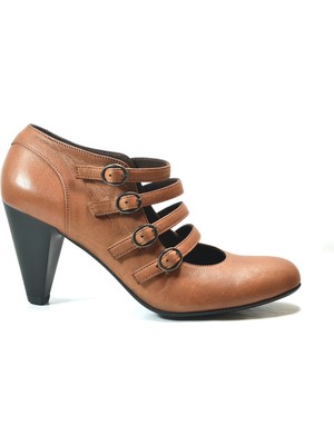 Onlo Ayakkabı 1241 Hakiki Deri Taba Yüksek Kalın Topuklu Kadın Ayakkabı