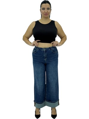 Carmito Büyük Beden Denim Toparlayıcı Yüksek Bel Taşlı Geniş Paça Kadın Pantolon