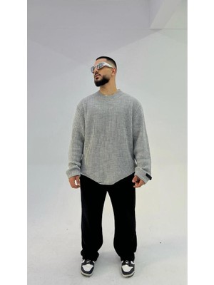 Elku Moda Yırtık Detaylı Oversize Kalıp Salaş Kesim Bisiklet Yaka Pamuk Triko Kazak