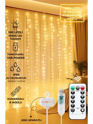 Allians Kumandalı 300 Ledli Peri Telli Perde Işık, 8 Animasyonlu, USB Bağlantılı