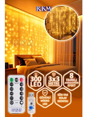 Allians Kumandalı 3X3M LED Perde Işık, 300 Ledli, Usb, 8 Mod, Dekoratif Aydınlatma