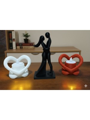 Sevgililer Günü Özel Dekoratif Set - Sarılan Çift Biblo ve 2’li Kalp LED Mum Hatıra Seti