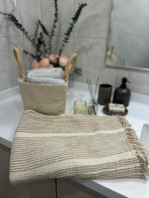 Monochrome Müslin Banyo & Plaj Havlusu Peştemal -4 Kat % 100 Pamuklu (190 cm x 100 Cm) Ekru- Bej Çizgili