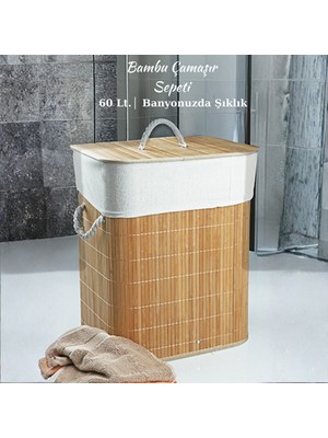 Welcomein Doğal Bambu Kapaklı Çamaşır Sepeti – Kapaklı, Ipli Kulplu, Yıkanabilir Iç Torbalı, 60 Lt.