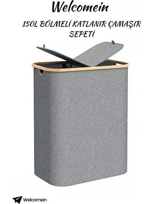 Welcomein 150 Litre Bambu Kapaklı Katlanabilir Çamaşır Sepeti | Geniş Hacimli, 2 Bölmeli Kirli Sepeti