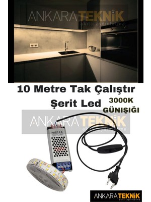 Allians 10 Mt. Şerit LED 12V Adaptör Aç/kapa Anahtarlı, Günışığı Renk, 3000K